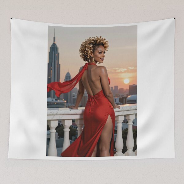 Item preview, Curly haired woman red gown city rooftop designed and sold by CathryneDelamort.