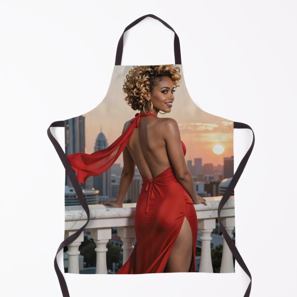 Item preview, Curly haired woman red gown city rooftop designed and sold by CathryneDelamort.
