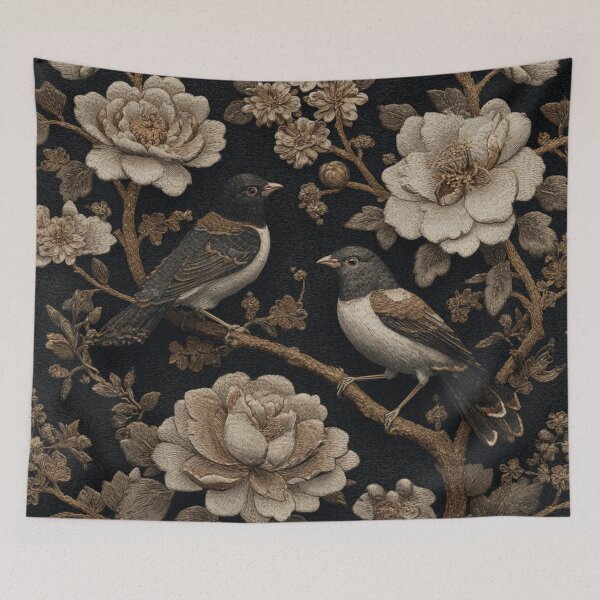 Item preview, Black Gold Royal Silk Floral Birds Carpet designed and sold by GrinGalore.