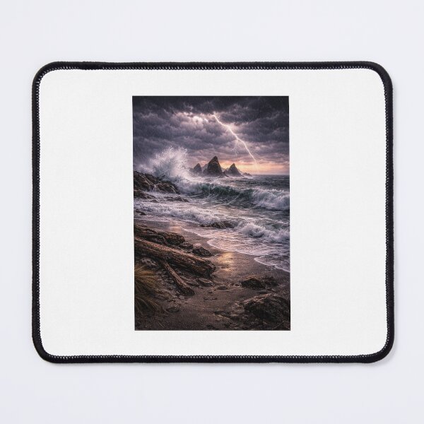 Item preview, Stormy Shore and Lightning Sky – Moody Ocean Seascape Art Print designed and sold by ZoviraDesigns.