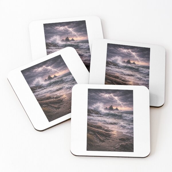 Item preview, Stormy Shore and Lightning Sky – Moody Ocean Seascape Art Print designed and sold by ZoviraDesigns.