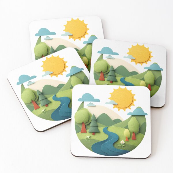 Item preview, Minimalist 3D Papercut Landscape - Sunny Green Hills & River by Design Artistia designed and sold by DesignArtist.ia.