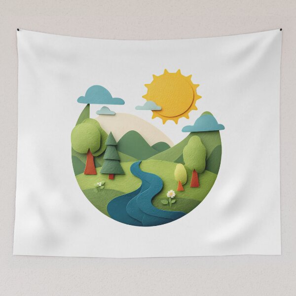 Item preview, Minimalist 3D Papercut Landscape - Sunny Green Hills & River by Design Artistia designed and sold by DesignArtist.ia.