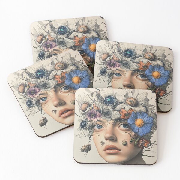 Item preview, Surreal Floral Portrait of Woman with Blue Eyes and Wild Flowers designed and sold by TIA-shop.