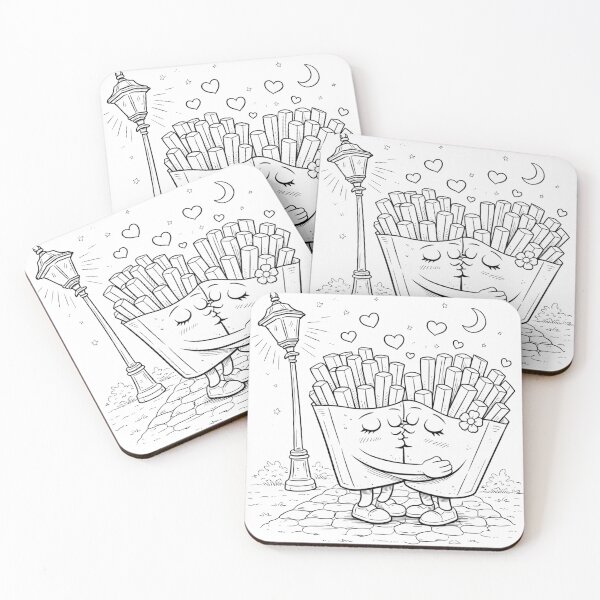 Item preview, Fries Kiss Under the Streetlight – Cute Fast Food Love Doodle (Black & White) designed and sold by ComedyInkFactor.