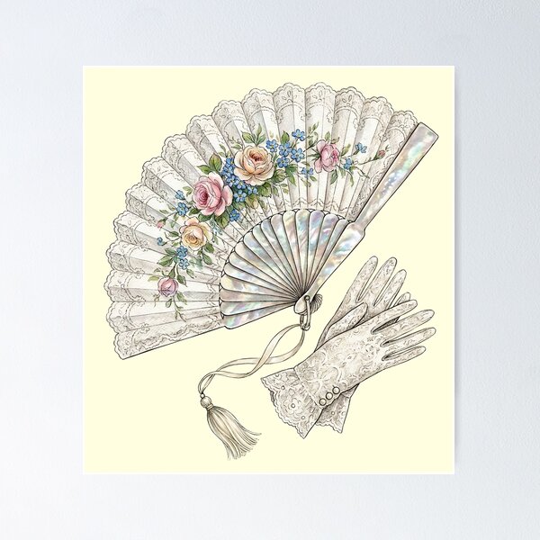 Item preview, Vintage Lace Hand Fan and Gloves Illustration with Floral Details designed and sold by Imaginationbeyond.