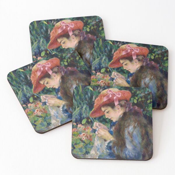 Item preview, Coquette Young Woman Sewing - Renoir Impressionist Art Parody with Pink Bow designed and sold by Open Canvas.