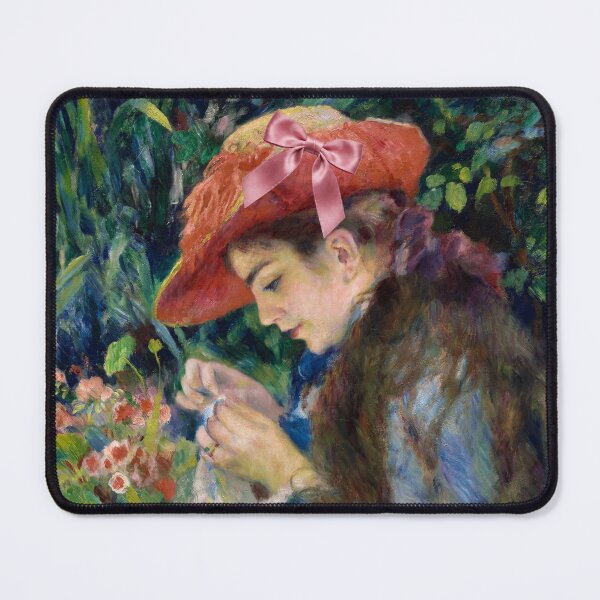 Item preview, Coquette Young Woman Sewing - Renoir Impressionist Art Parody with Pink Bow designed and sold by Open Canvas.