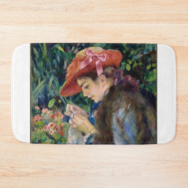 Item preview, Coquette Young Woman Sewing - Renoir Impressionist Art Parody with Pink Bow designed and sold by Open Canvas.