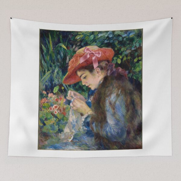 Item preview, Coquette Young Woman Sewing - Renoir Impressionist Art Parody with Pink Bow designed and sold by Open Canvas.
