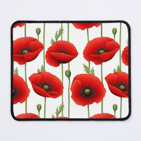 Item preview, The image shows a seamless pattern of vibrant red poppy flowers with green stems, leaves, and seed pods, set against a clean white background, creating a floral design. designed and sold by rujlaphusstudio.