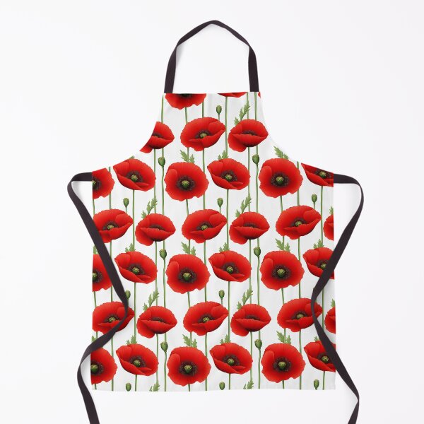 Item preview, The image shows a seamless pattern of vibrant red poppy flowers with green stems, leaves, and seed pods, set against a clean white background, creating a floral design. designed and sold by rujlaphusstudio.