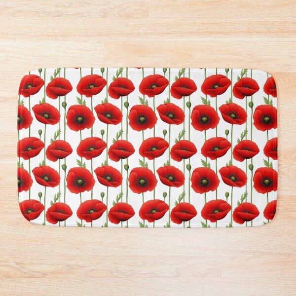 Item preview, The image shows a seamless pattern of vibrant red poppy flowers with green stems, leaves, and seed pods, set against a clean white background, creating a floral design. designed and sold by rujlaphusstudio.