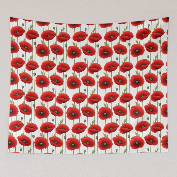 Item preview, The image shows a seamless pattern of vibrant red poppy flowers with green stems, leaves, and seed pods, set against a clean white background, creating a floral design. designed and sold by rujlaphusstudio.