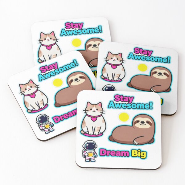 Item preview, Stay Awesome Dream Big – Cute Cat, Sloth & Astronaut Sticker Pack designed and sold by MiniPrintMagic.