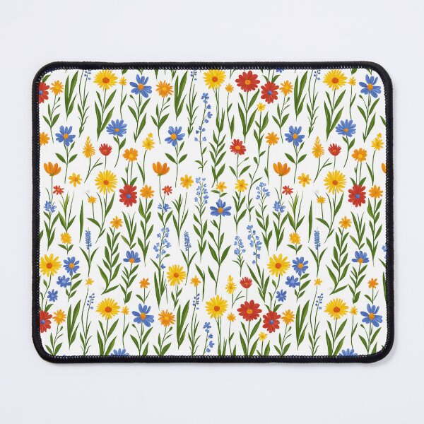 Item preview, The image shows a seamless floral pattern with various flowers in red, orange, yellow, and blue interspersed with green leaves and stems on a white backdrop creating a cheerful, summery design. designed and sold by rujlaphusstudio.