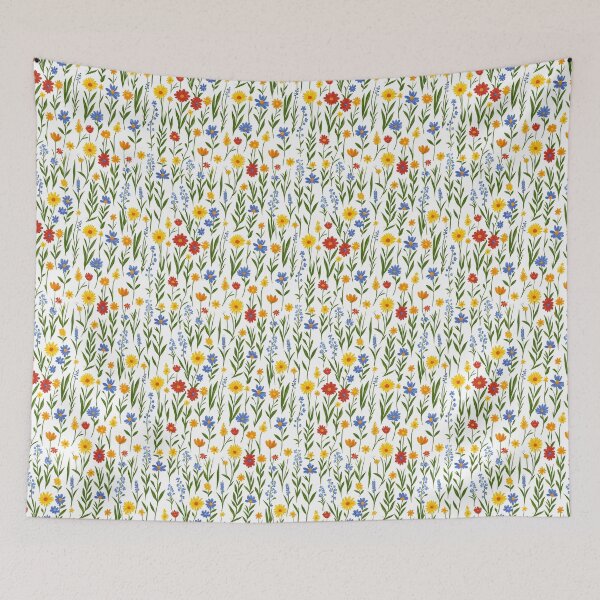Item preview, The image shows a seamless floral pattern with various flowers in red, orange, yellow, and blue interspersed with green leaves and stems on a white backdrop creating a cheerful, summery design. designed and sold by rujlaphusstudio.