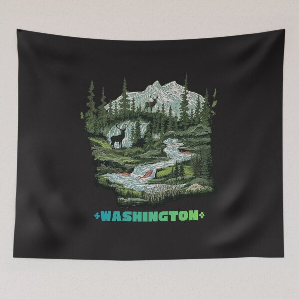 Item preview, Washington State Nature Illustration - Elk, Salmon, Mountains & Forest Art designed and sold by TitanRN.