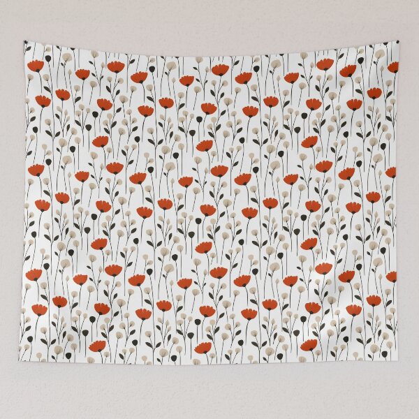 Item preview, The image showcases a seamless pattern of illustrated flowers in shades of red, beige, and black set against a clean white background, creating a simple yet elegant aesthetic. designed and sold by rujlaphusstudio.