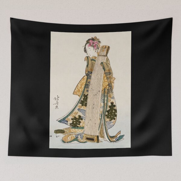 Item preview, Coquette Woman with a Koto - Hokusai Ukiyo-e Art Parody with Pink Bow designed and sold by Open Canvas.