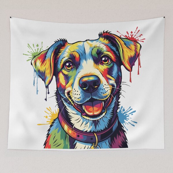 Item preview, A vibrant and expressive pop art dog illustration filled with bold colors and playful paint splashes. designed and sold by AmsaOza.