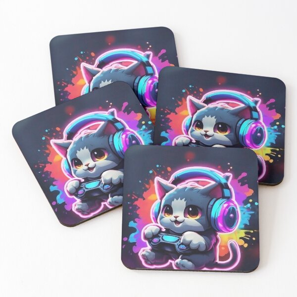 Item preview, Cute Gaming Cat with Headphones – Neon Gamer Kitten Art designed and sold by Articooler.