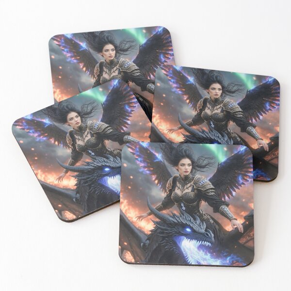 Item preview, Shadow Flame Valkyrie - Dark Dragon Rider Fantasy Art designed and sold by SunsetAngelsAI.