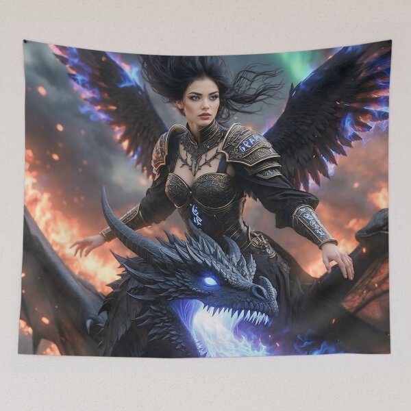 Item preview, Shadow Flame Valkyrie - Dark Dragon Rider Fantasy Art designed and sold by SunsetAngelsAI.