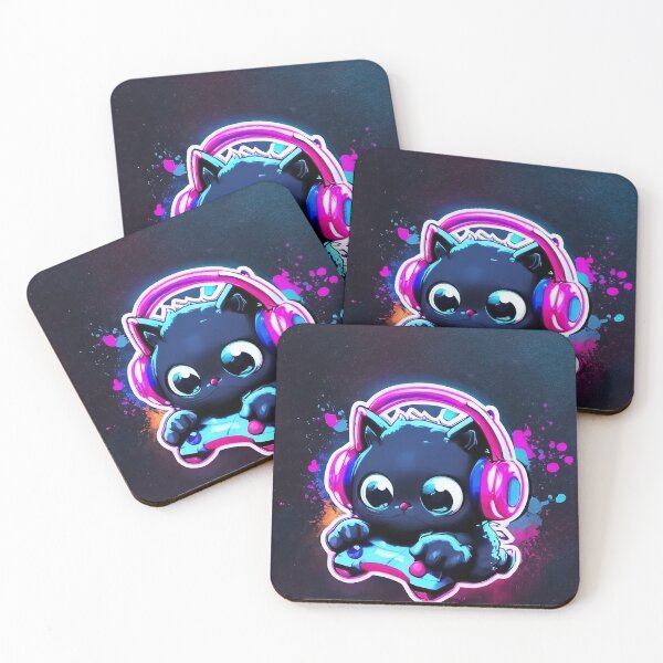 Item preview, Cute Black Gamer Cat with Headphones – Neon Gaming Kitty Art designed and sold by Articooler.