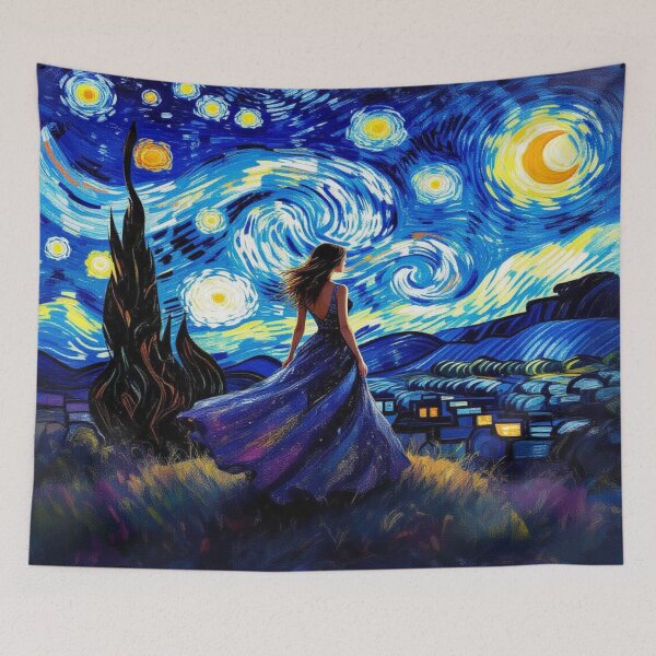 Item preview, Van Gogh inspired night sky with woman in blue dress – digital artwork from my poetic Fotoworld designed and sold by FotoworldEdel.