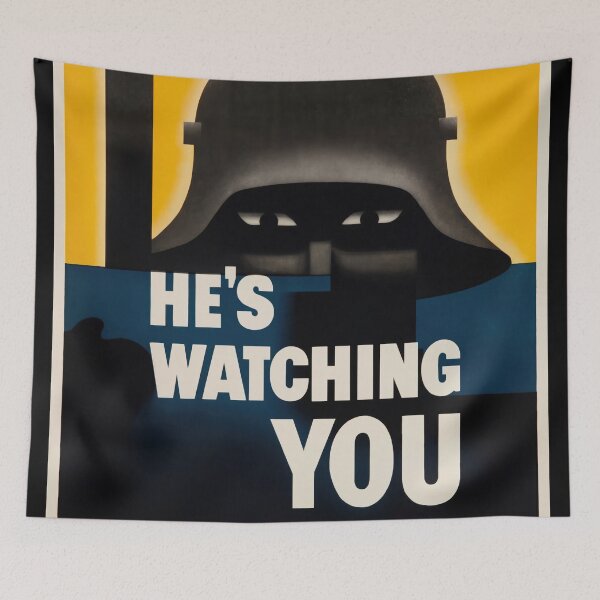 Item preview, Silhouetted Soldier Helmet Staring Eyes Advertisement Poster : Bold Wartime Illustration designed and sold by artofuniverse.