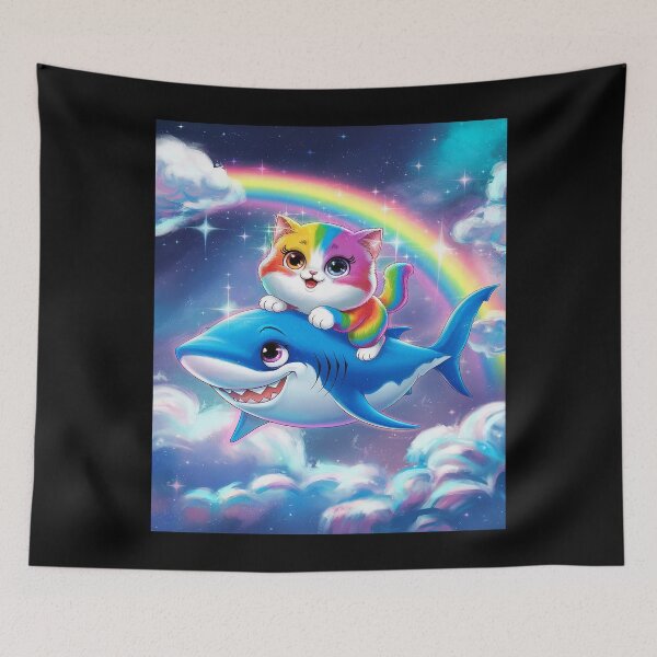 Item preview, Rainbow Galaxy Cat Riding Shark in Space designed and sold by AquaKiev.