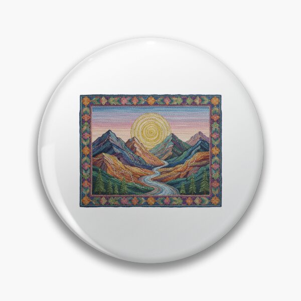 Item preview, Embroidered Mountain Sunset – Boho Nature Needlepoint Faux Embroidery Landscape – Woven River & Pine Trees designed and sold by Gurjeetpixelart.