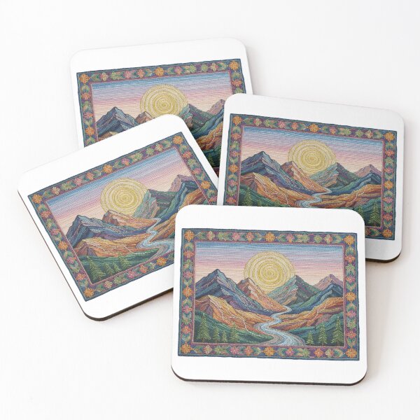 Item preview, Embroidered Mountain Sunset – Boho Nature Needlepoint Faux Embroidery Landscape – Woven River & Pine Trees designed and sold by Gurjeetpixelart.