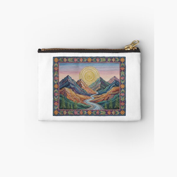Item preview, Embroidered Mountain Sunset – Boho Nature Needlepoint Faux Embroidery Landscape – Woven River & Pine Trees designed and sold by Gurjeetpixelart.