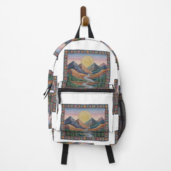 Item preview, Embroidered Mountain Sunset – Boho Nature Needlepoint Faux Embroidery Landscape – Woven River & Pine Trees designed and sold by Gurjeetpixelart.