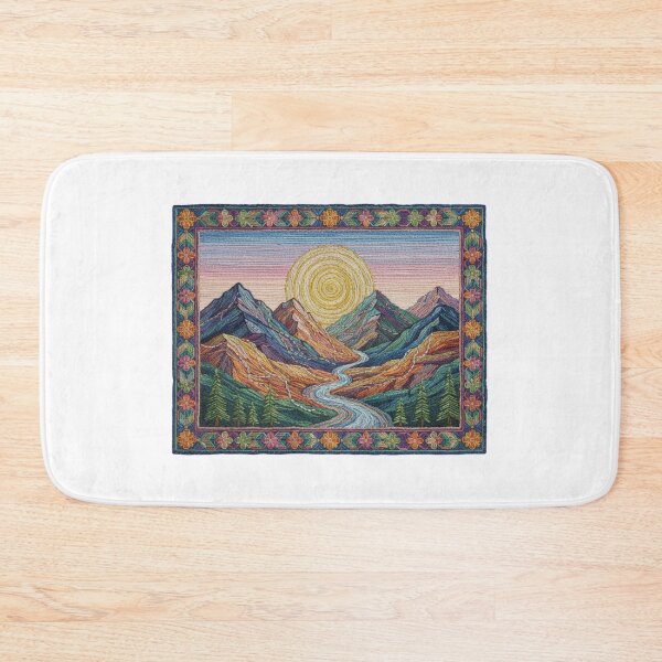 Item preview, Embroidered Mountain Sunset – Boho Nature Needlepoint Faux Embroidery Landscape – Woven River & Pine Trees designed and sold by Gurjeetpixelart.