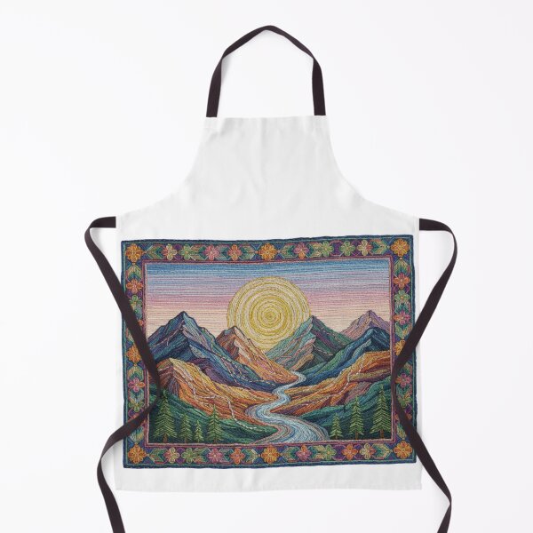 Item preview, Embroidered Mountain Sunset – Boho Nature Needlepoint Faux Embroidery Landscape – Woven River & Pine Trees designed and sold by Gurjeetpixelart.