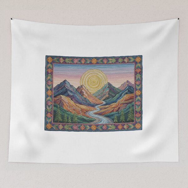 Item preview, Embroidered Mountain Sunset – Boho Nature Needlepoint Faux Embroidery Landscape – Woven River & Pine Trees designed and sold by Gurjeetpixelart.