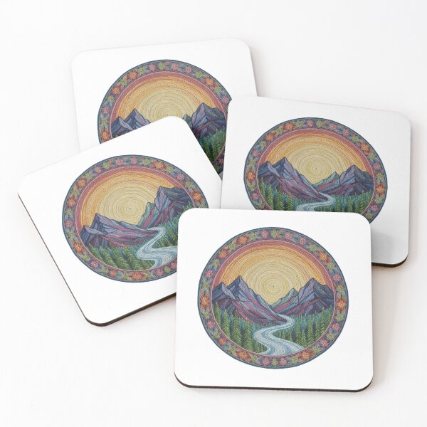 Item preview, Mountain Sunset Embroidery – Vintage Needlepoint Nature Art Boho Forest Valley – Embroidered River & Sun Landscape designed and sold by Gurjeetpixelart.