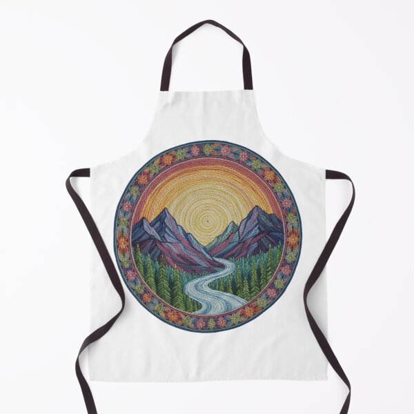 Item preview, Mountain Sunset Embroidery – Vintage Needlepoint Nature Art Boho Forest Valley – Embroidered River & Sun Landscape designed and sold by Gurjeetpixelart.