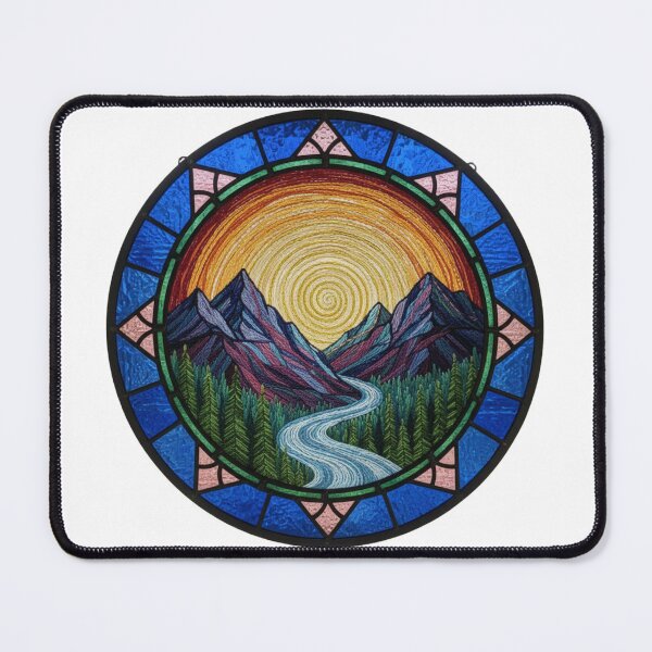Item preview, Stained Glass Mountain Embroidery – Sunset River Needlepoint Faux Stitch Glass Mosaic – Blue & Gold Nature Landscape designed and sold by Gurjeetpixelart.