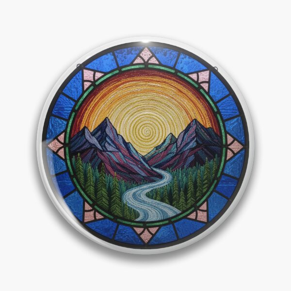 Item preview, Stained Glass Mountain Embroidery – Sunset River Needlepoint Faux Stitch Glass Mosaic – Blue & Gold Nature Landscape designed and sold by Gurjeetpixelart.