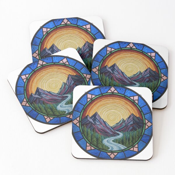 Item preview, Stained Glass Mountain Embroidery – Sunset River Needlepoint Faux Stitch Glass Mosaic – Blue & Gold Nature Landscape designed and sold by Gurjeetpixelart.