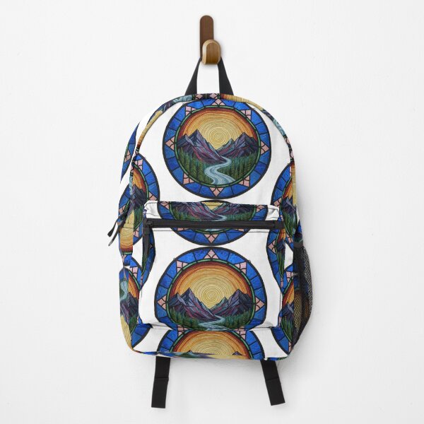 Item preview, Stained Glass Mountain Embroidery – Sunset River Needlepoint Faux Stitch Glass Mosaic – Blue & Gold Nature Landscape designed and sold by Gurjeetpixelart.