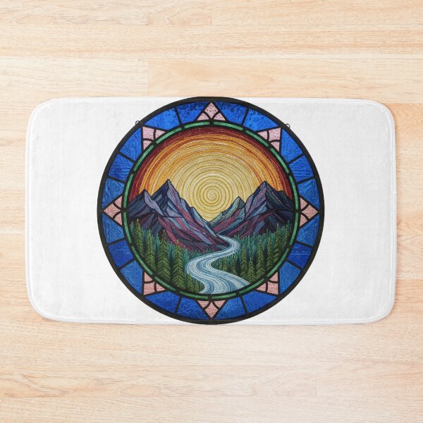 Item preview, Stained Glass Mountain Embroidery – Sunset River Needlepoint Faux Stitch Glass Mosaic – Blue & Gold Nature Landscape designed and sold by Gurjeetpixelart.