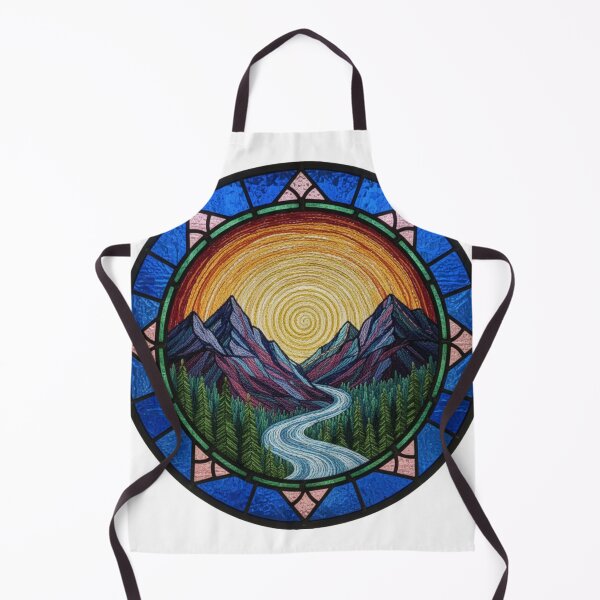 Item preview, Stained Glass Mountain Embroidery – Sunset River Needlepoint Faux Stitch Glass Mosaic – Blue & Gold Nature Landscape designed and sold by Gurjeetpixelart.