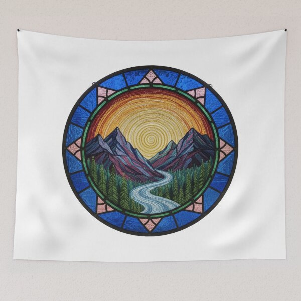 Item preview, Stained Glass Mountain Embroidery – Sunset River Needlepoint Faux Stitch Glass Mosaic – Blue & Gold Nature Landscape designed and sold by Gurjeetpixelart.
