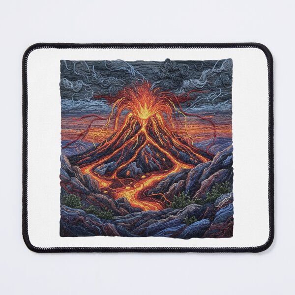Item preview, Embroidered Volcano Eruption – Fiery Lava Needlepoint Art Molten Mountain Peak – Faux Stitch Volcanic Landscape designed and sold by Gurjeetpixelart.