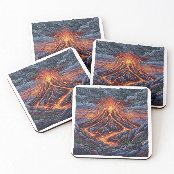 Item preview, Embroidered Volcano Eruption – Fiery Lava Needlepoint Art Molten Mountain Peak – Faux Stitch Volcanic Landscape designed and sold by Gurjeetpixelart.
